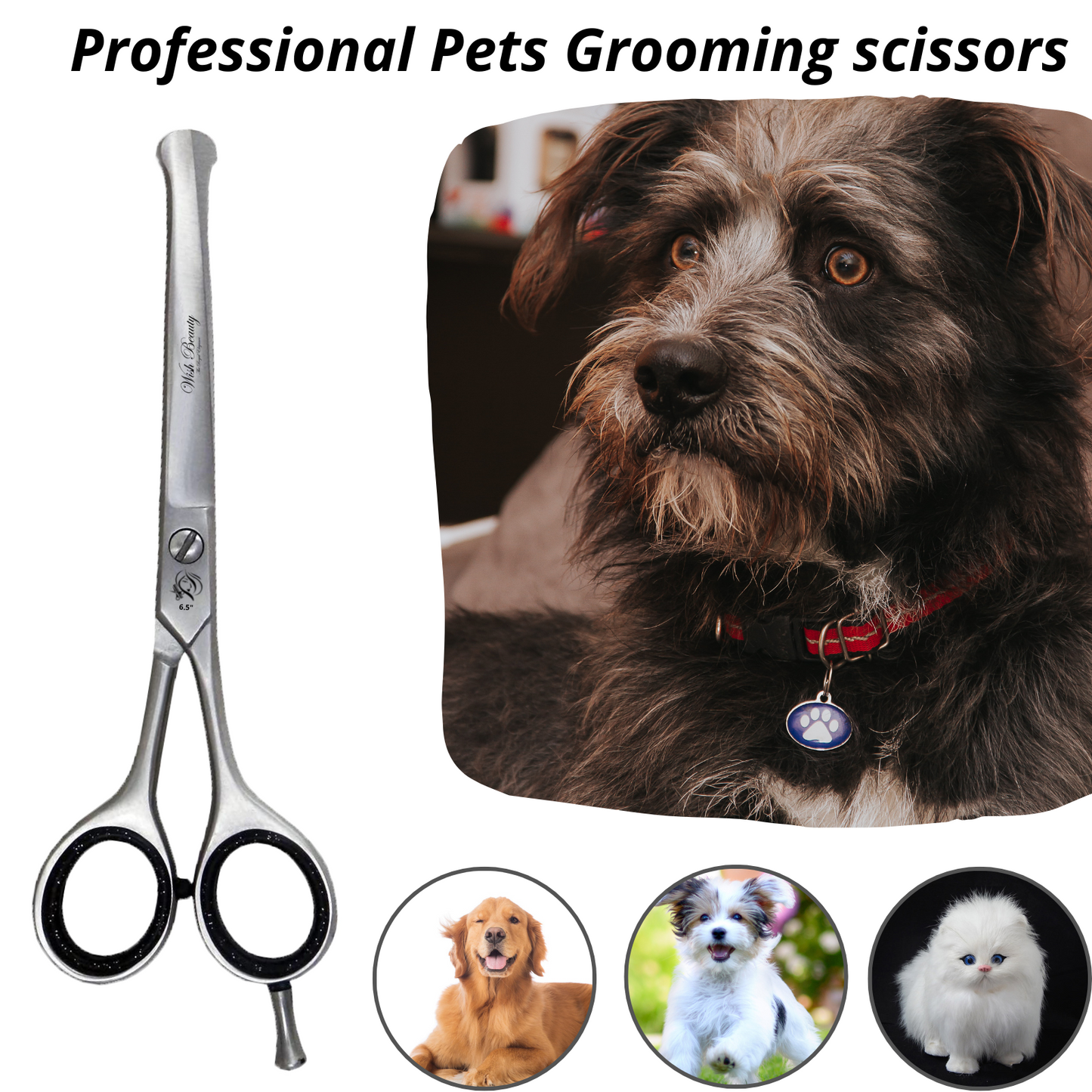 Professional Dog Grooming Shears | Pet Hair Cutting Scissors Set, with Rounded Safety Tips & Sharp Stainless-Steel Blades. for Body, Paw and Face Trimming - Wishbeautyscissors