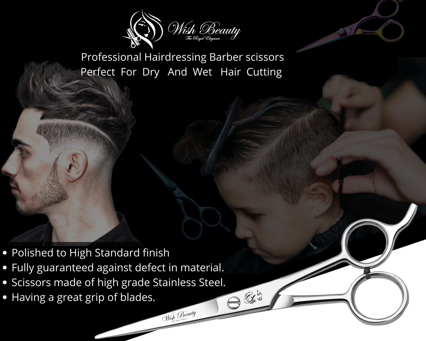 Hairdressing Scissors for Hair Cutting - Stainless Steel 6.5 inch Hair Scissors with Sharp Edge Hair Cutting Scissors - Barber Scissors with Pouch for Salon, Home, Men, Women - Wishbeautyscissors