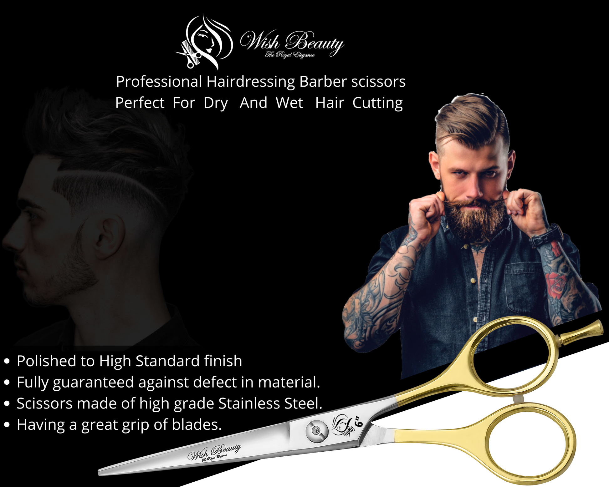 Professional Hair Cutting 6" Barber Scissors, Stainless Steel, with Finger rest - Wishbeautyscissors